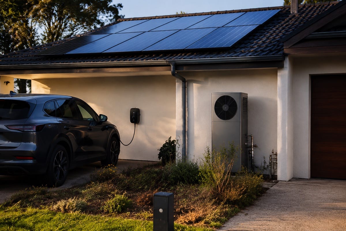 Electric vehicle plugged into a home charger beside solar panels and a heat pump on an electrified Victorian home