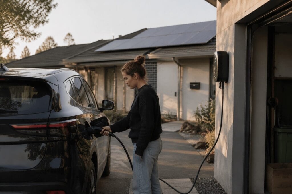 Woman charging a black electric vehicle at a home wall charger with rooftop solar panels in Victoria