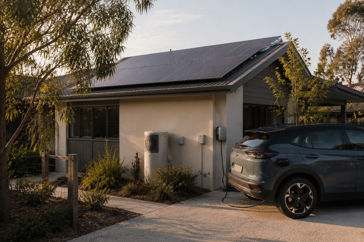 Victorian home with rooftop solar panels, heat pump hot water and an electric vehicle parked in the carport